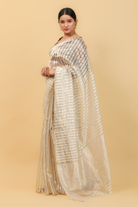 White Handwoven Katan Silk Saree with Silver & Gold Stripes