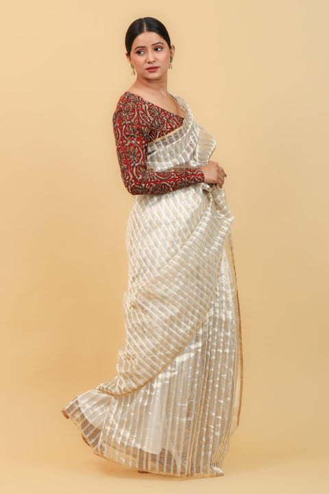 Luxury White Handwoven Katan Silk Saree with Silver & Gold Stripes – Elegant and Luxurious


