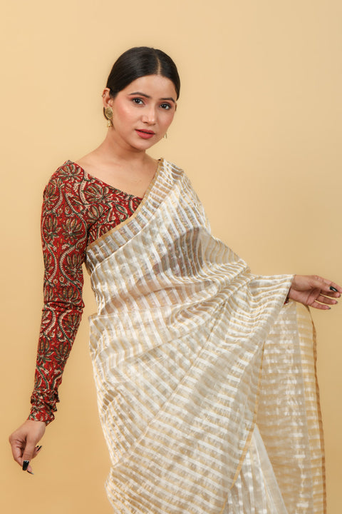 Premium White Handwoven Katan Silk Saree with Silver & Gold Stripes – Elegant and Luxurious

