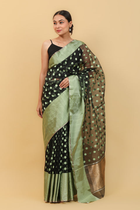 Black Handwoven Katan Silk Saree with Mint Green Border & Motifs