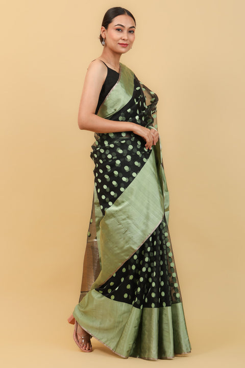 Order Black Handwoven Katan Silk Saree with Mint Green Border & Motifs - Vinusto

