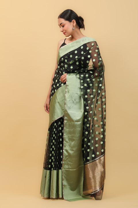 Premium Black Handwoven Katan Silk Saree with Mint Green Border & Motifs - Vinusto

