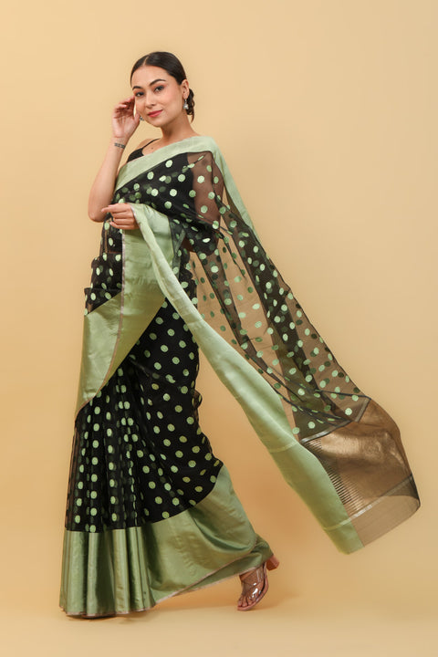 Black Handwoven Katan Silk Saree with Mint Green Border & Motifs