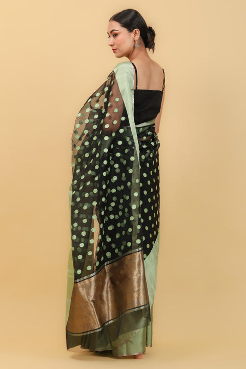 Handcraft Black Handwoven Katan Silk Saree with Mint Green Border & Motifs - Vinusto

