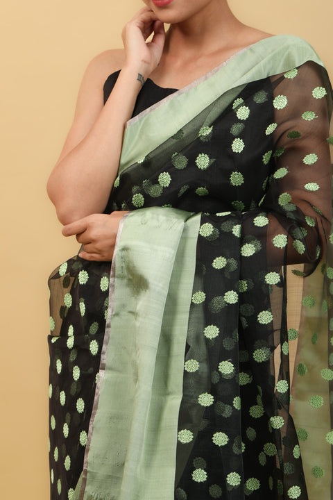 Luxury Black Handwoven Katan Silk Saree with Mint Green Border & Motifs - Vinusto

