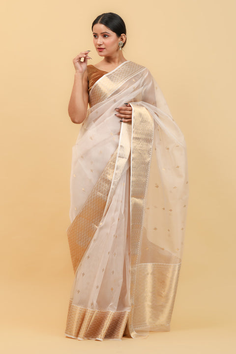Buy Beige & Gold Handwoven Katan Silk Saree with Jacquard Border & Motifs - Vinusto

