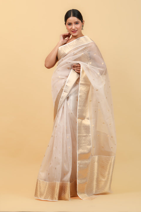 Shop Beige & Gold Handwoven Katan Silk Saree with Jacquard Border & Motifs - Vinusto

