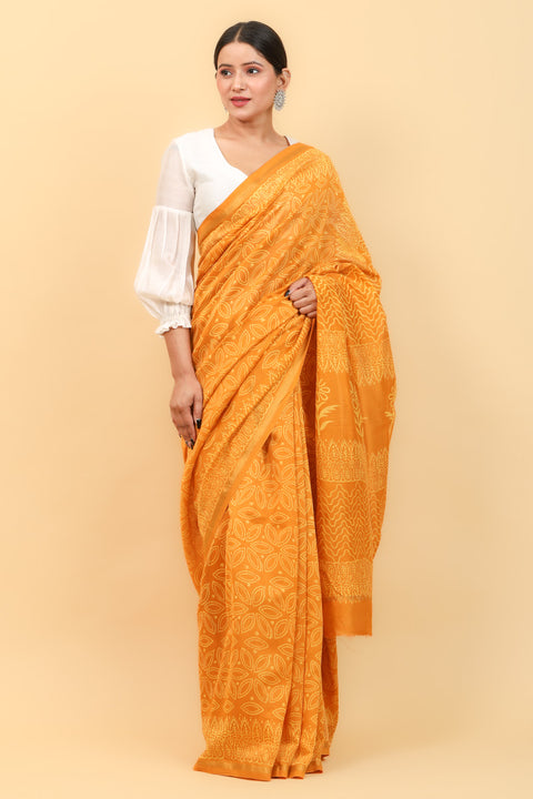 Turmeric Yellow Chanderi Saree With Hand Block Print & Pencil Border