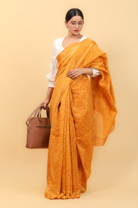 Turmeric Yellow Chanderi Saree With Hand Block Print & Pencil Border