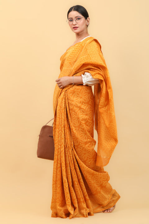 Turmeric Yellow Chanderi Saree With Hand Block Print & Pencil Border