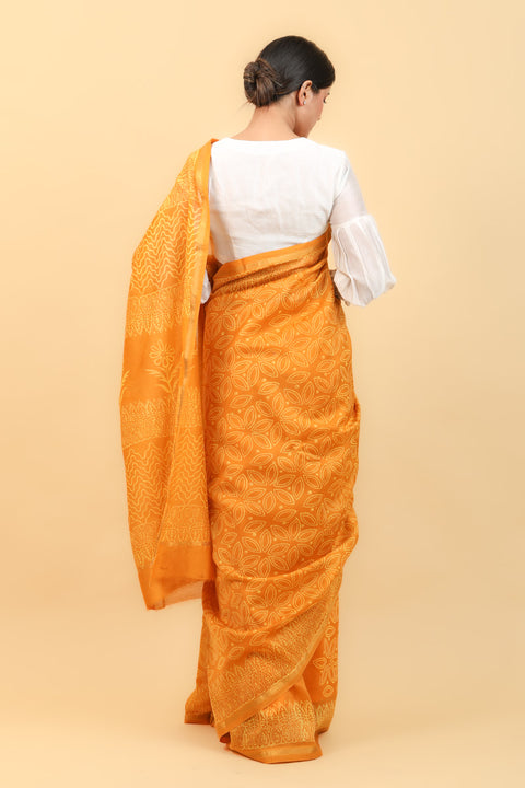 Turmeric Yellow Chanderi Saree With Hand Block Print & Pencil Border