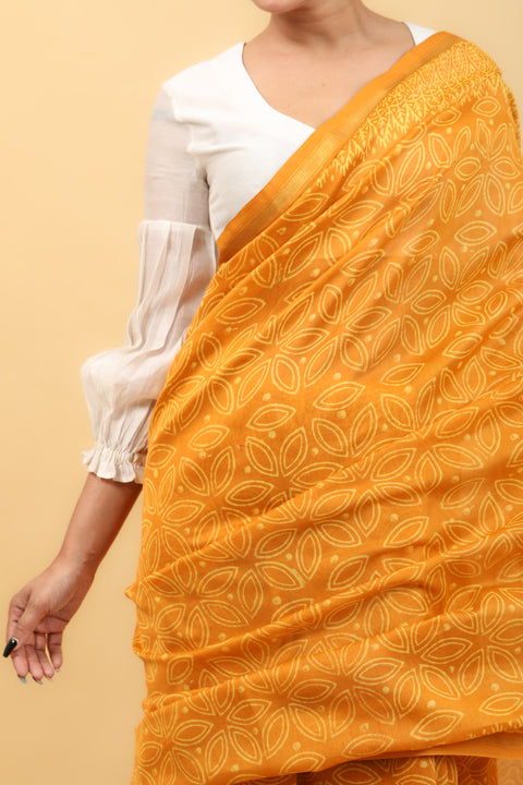 Turmeric Yellow Chanderi Saree With Hand Block Print & Pencil Border
