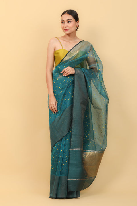 Order Teal Blue Handwoven Katan Silk Saree with Yellow Motifs & Broad Border - Vinusto

