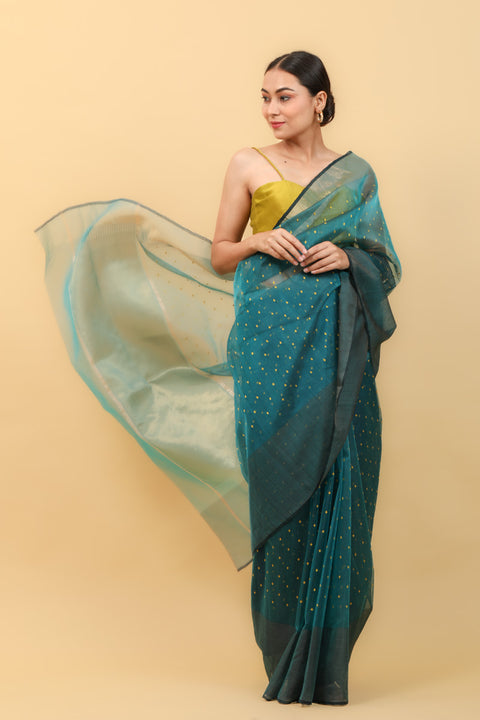 Buy Teal Blue Handwoven Katan Silk Saree with Yellow Motifs & Broad Border - Vinusto


