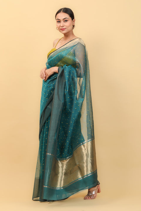 Shop Teal Blue Handwoven Katan Silk Saree with Yellow Motifs & Broad Border - Vinusto

