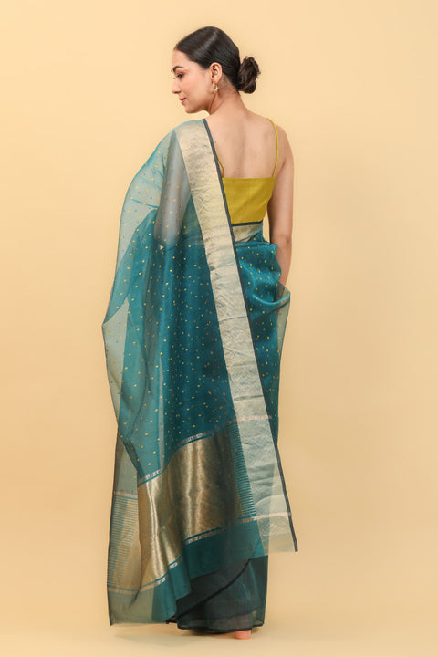 Premium Teal Blue Handwoven Katan Silk Saree with Yellow Motifs & Broad Border - Vinusto

