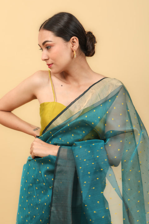 Luxury Teal Blue Handwoven Katan Silk Saree with Yellow Motifs & Broad Border - Vinusto

