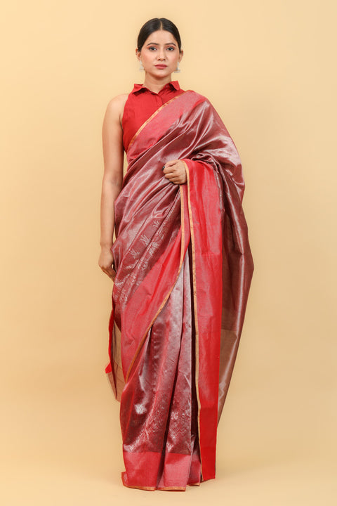 Shop Red & Gold Silver Handwoven Chanderi Saree with Jaal Work - Vinusto

