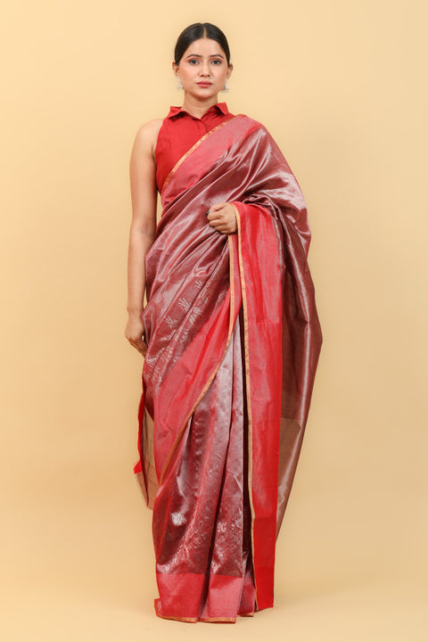Red Gold & Silver Handwoven Chanderi Saree with Jaal Work