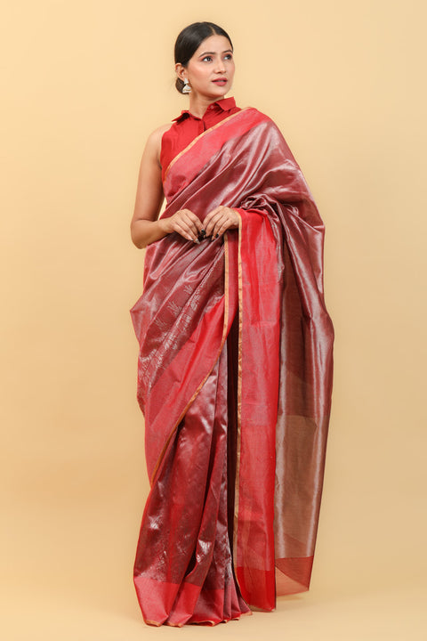Buy Red & Gold Silver Handwoven Chanderi Saree with Jaal Work - Vinusto

