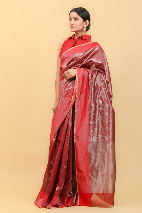 Red Gold & Silver Handwoven Chanderi Saree with Jaal Work
