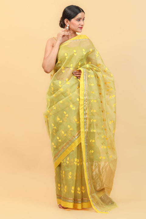 Order Lime Handwoven Katan Silk Saree with Yellow Border & Motifs - Vinusto

