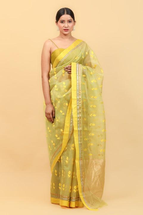 Buy Lime Handwoven Katan Silk Saree with Yellow Border & Motifs - Vinusto

