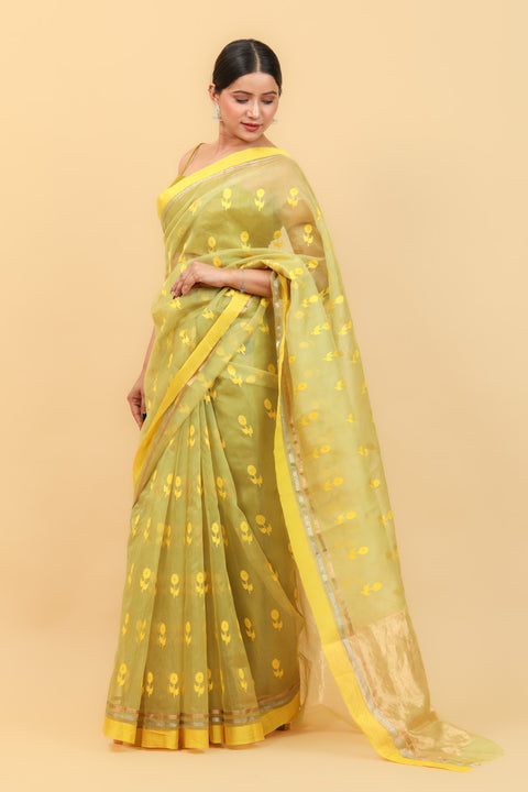 Shop Lime Handwoven Katan Silk Saree with Yellow Border & Motifs - Vinusto

