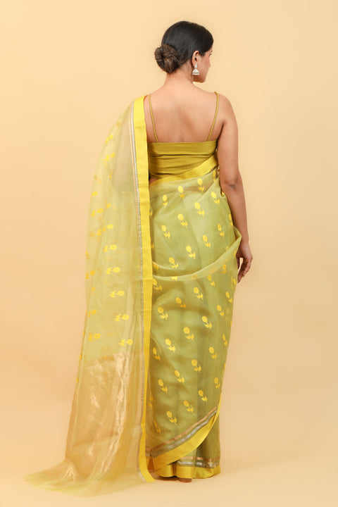Handcraft Lime Handwoven Katan Silk Saree with Yellow Border & Motifs - Vinusto

