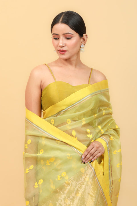 Luxury Lime Handwoven Katan Silk Saree with Yellow Border & Motifs - Vinusto

