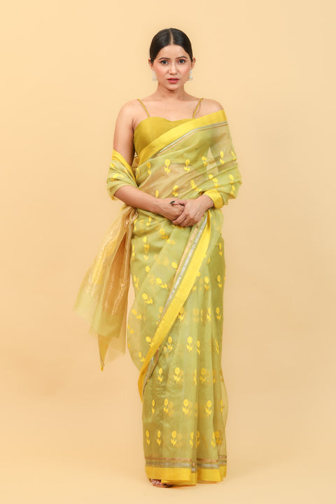 Premium Lime Handwoven Katan Silk Saree with Yellow Border & Motifs - Vinusto


