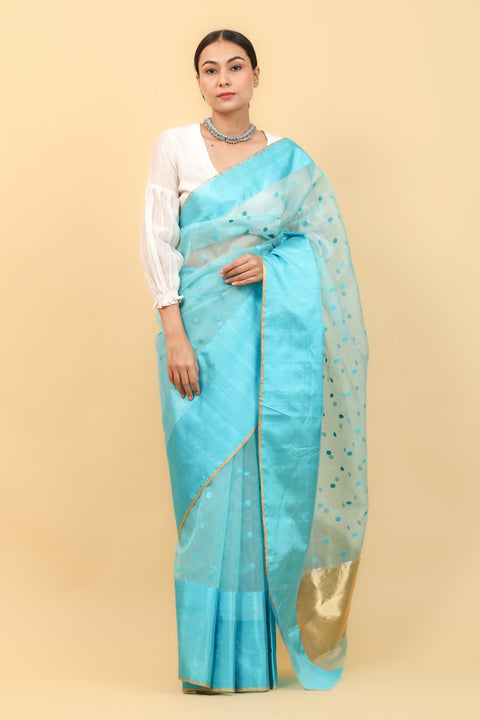 Handcraft Sky Blue Handwoven Katan Silk Saree with Blue Motifs & Broad Border - Vinusto

