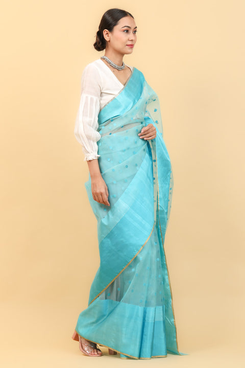 Order Sky Blue Handwoven Katan Silk Saree with Blue Motifs & Broad Border - Vinusto

