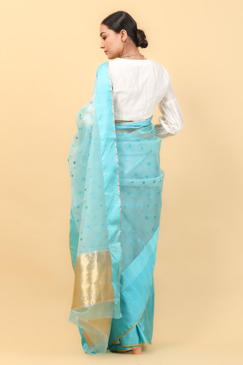 Premium Sky Blue Handwoven Katan Silk Saree with Blue Motifs & Broad Border - Vinusto

