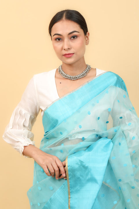 Luxury Sky Blue Handwoven Katan Silk Saree with Blue Motifs & Broad Border - Vinusto

