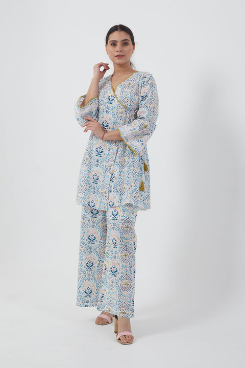 Buy Short Angarakha Kurta & Palazzo in Cotton Hand Block Print (Set of 2) | Vinusto