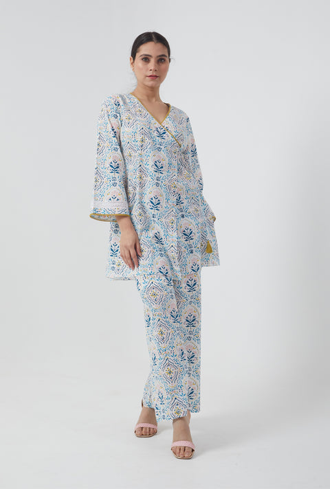 Luxury Short Angarakha Kurta & Palazzo in Cotton Hand Block Print (Set of 2) | Vinusto