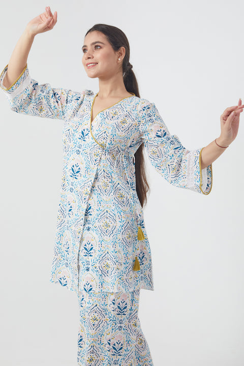 Order Short Angarakha Kurta & Palazzo in Cotton Hand Block Print (Set of 2) | Vinusto