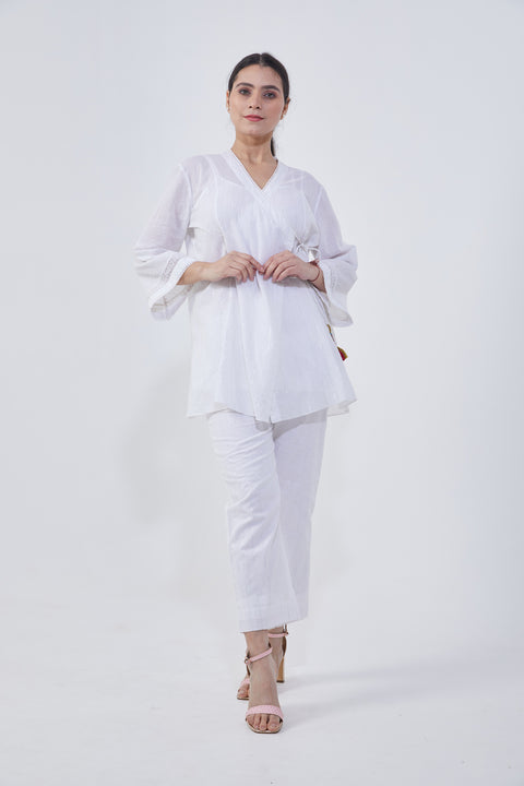 Buy White Angarakha Kurta & Pants in Cotton with Silver Stripes (Set of 3) | Vinusto