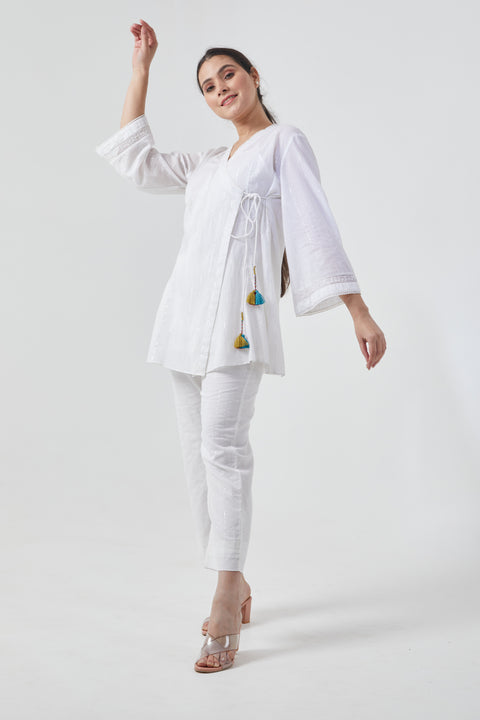 Order White Angarakha Kurta & Pants in Cotton with Silver Stripes (Set of 3) | Vinusto