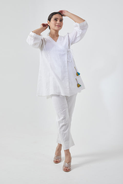 Coordinate Set- White Angarakha Kurta & Pants in Cotton with Silver Stripes (Set of 3)