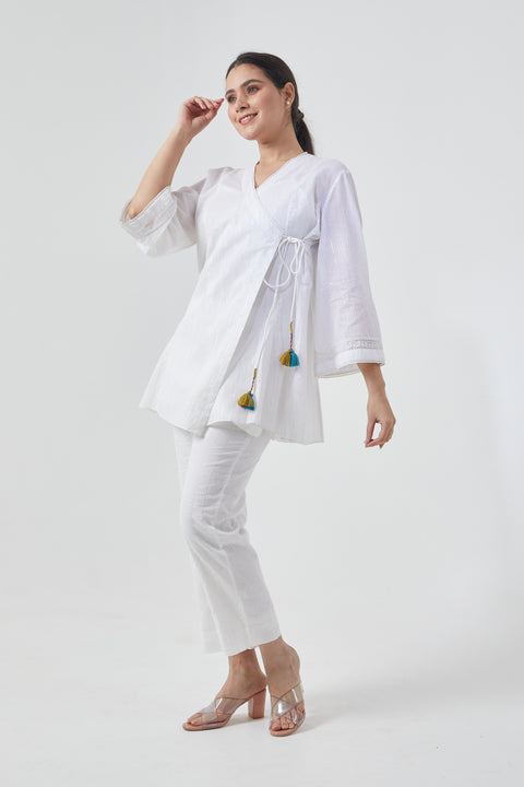 Luxury White Angarakha Kurta & Pants in Cotton with Silver Stripes (Set of 3) | Vinusto