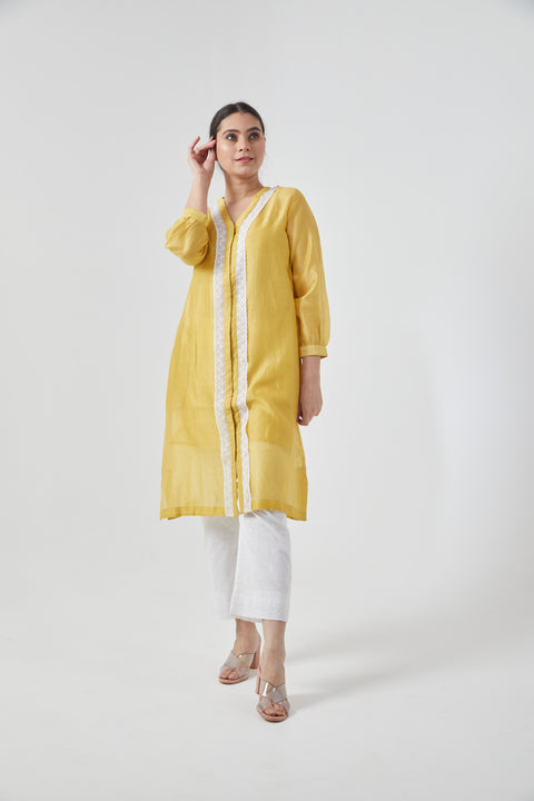 Canary Yellow Chanderi Silk Shirt Kurta with a Slip (Set of 2)