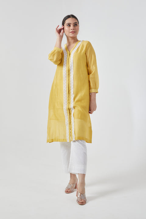Shop Canary Yellow Chanderi Handloom Shirt Kurta with Lace inserts & Cotton Pants in White (Set of 3) - By Vinusto