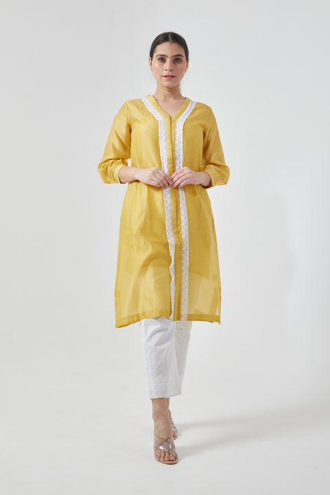 Buy Canary Yellow Chanderi Handloom Shirt Kurta with Lace inserts & Cotton Pants in White (Set of 3) - By Vinusto