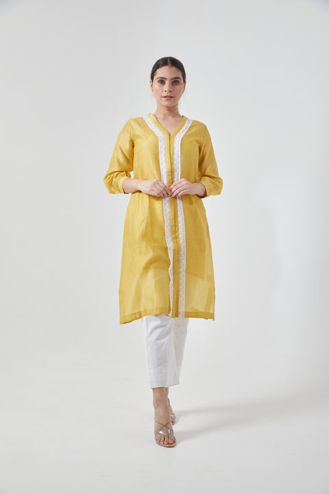Canary Yellow Chanderi Silk Shirt Kurta with a Slip (Set of 2)