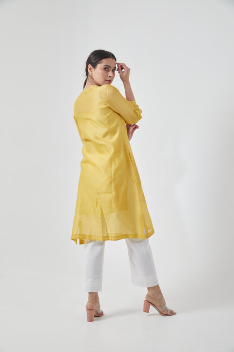 Canary Yellow Chanderi Silk Shirt Kurta with a Slip (Set of 2)