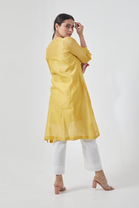 Designer Canary Yellow Chanderi Handloom Shirt Kurta with Lace inserts & Cotton Pants in White (Set of 3) - By Vinusto