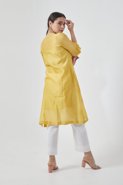 Canary Yellow Chanderi Handloom Shirt Kurta with Lace inserts &  Cotton Pants in White (Set of 3)