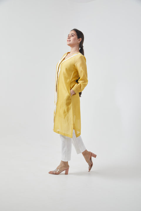 Canary Yellow Chanderi Silk Shirt Kurta with a Slip (Set of 2)